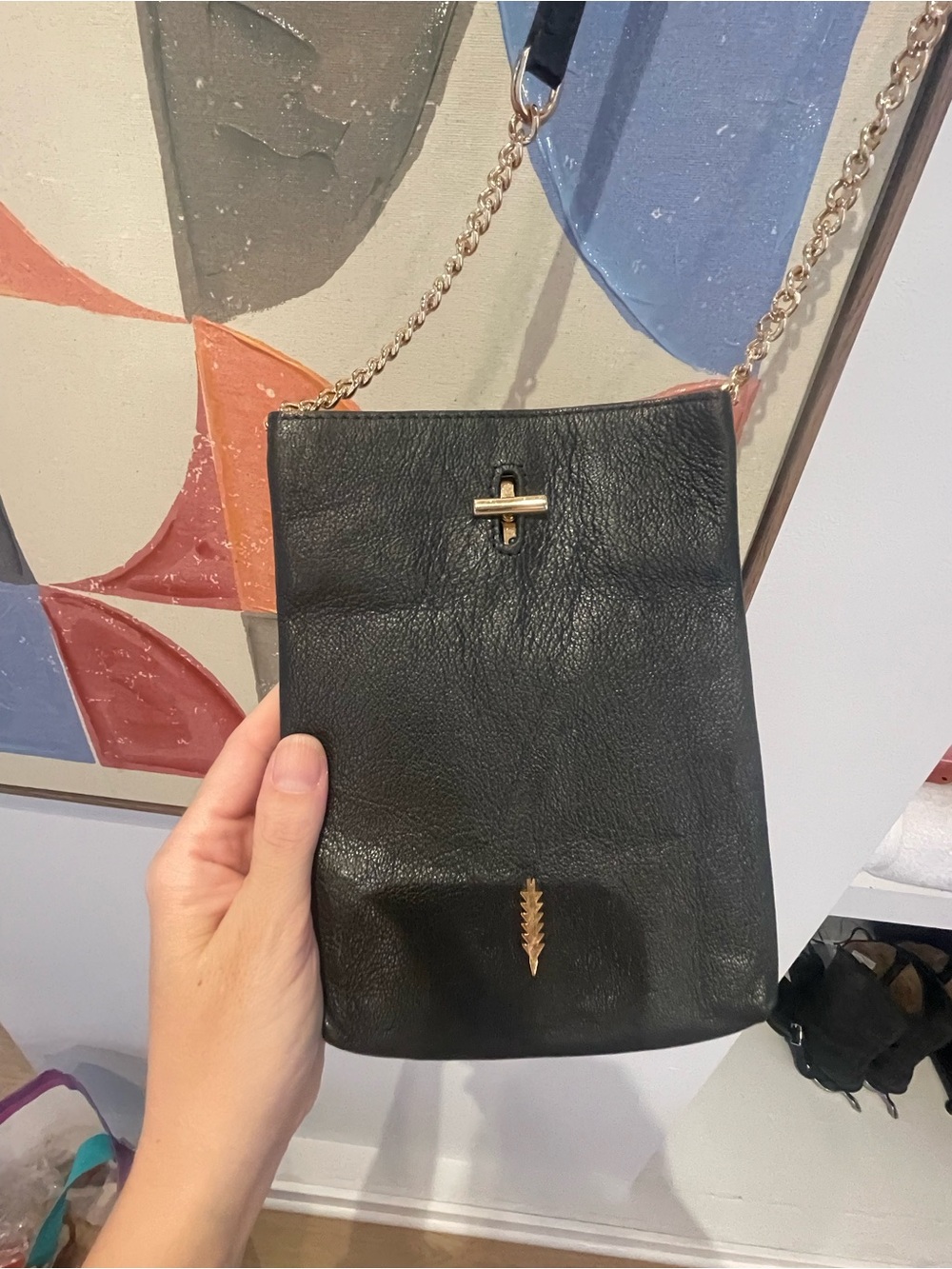 Classic Black Leather Crossbody with Gold Chain Strap
